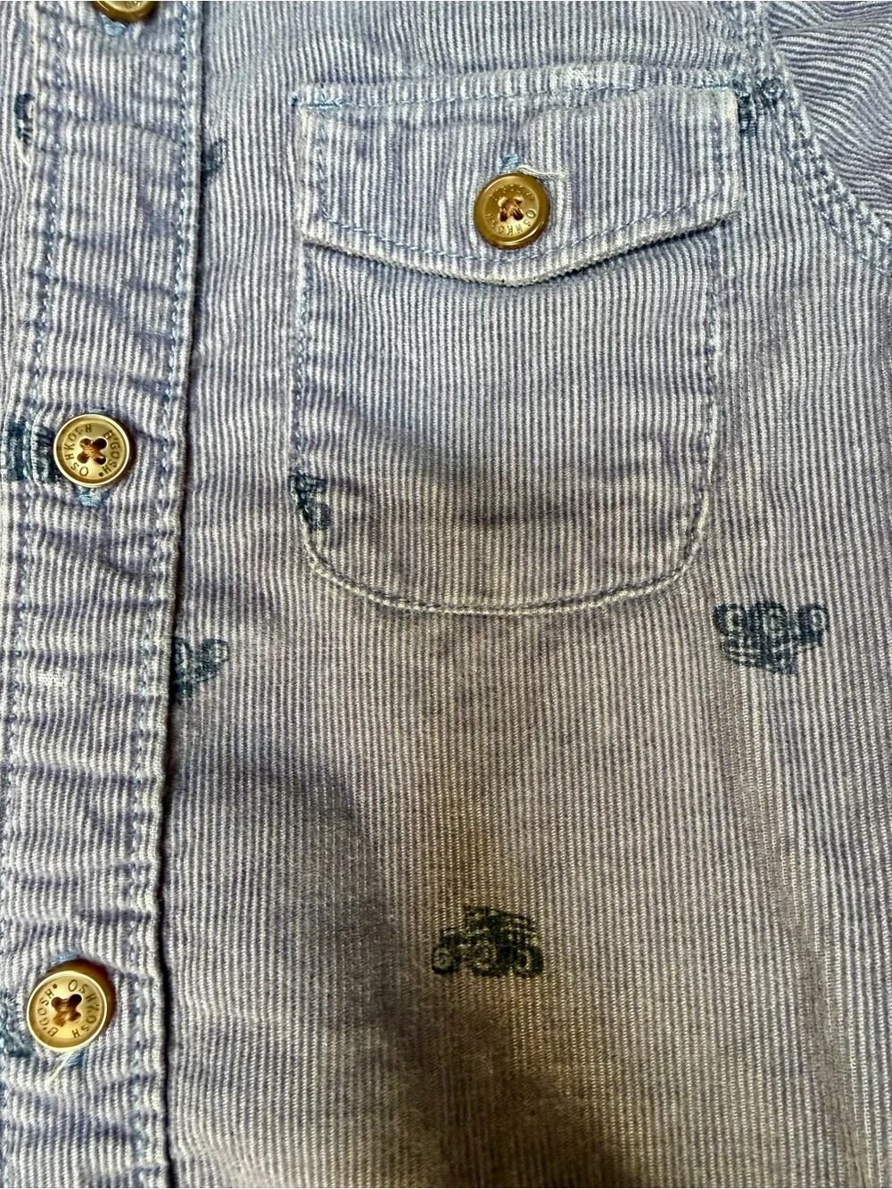 Vintage OshKosh B'gosh Blue Corduroy Button-Down Shirt with Embroidered Cars
